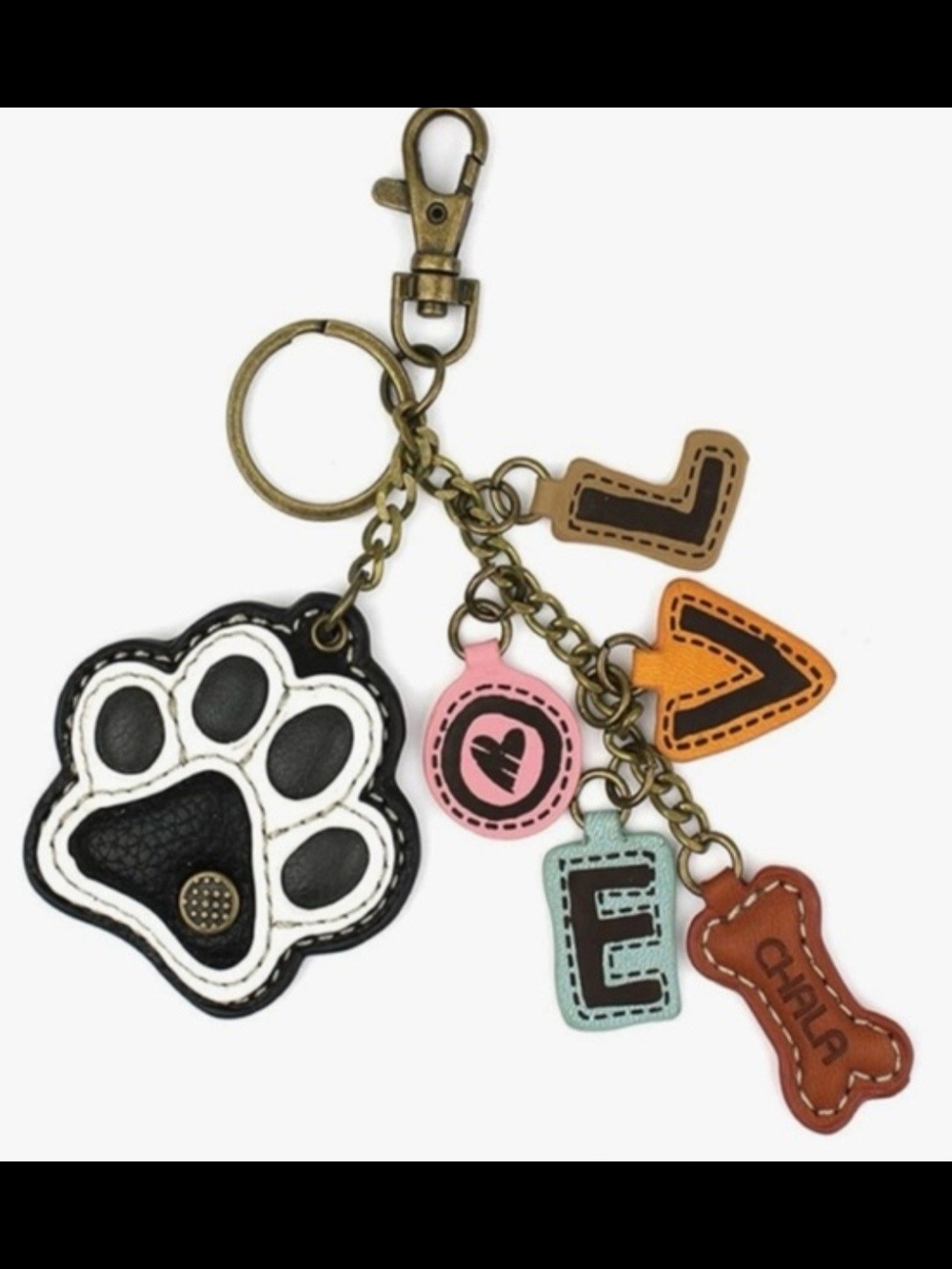 Chala Black & White Paw Print Keychain with Colorful Letter Tags